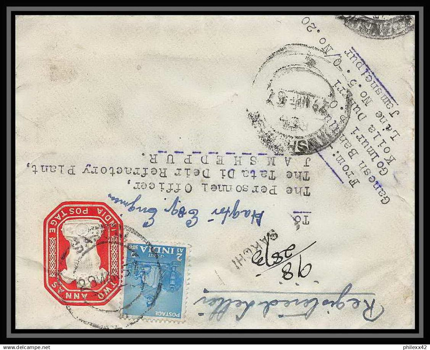 1943/ Inde (India) Entier Stationery Enveloppe (cover) N°21 Registered 1957 - Sobres