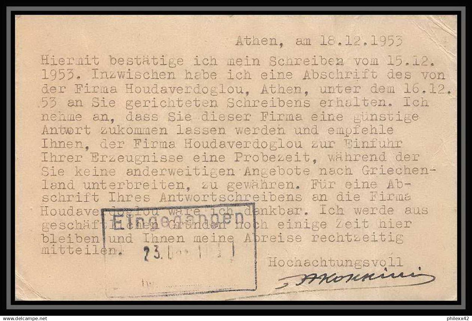 3096/ Grèce (Greece) Entier Stationery Carte Postale (postcard) N°52 Pour Mulheim 1953 Allemagne Germany - Postwaardestukken