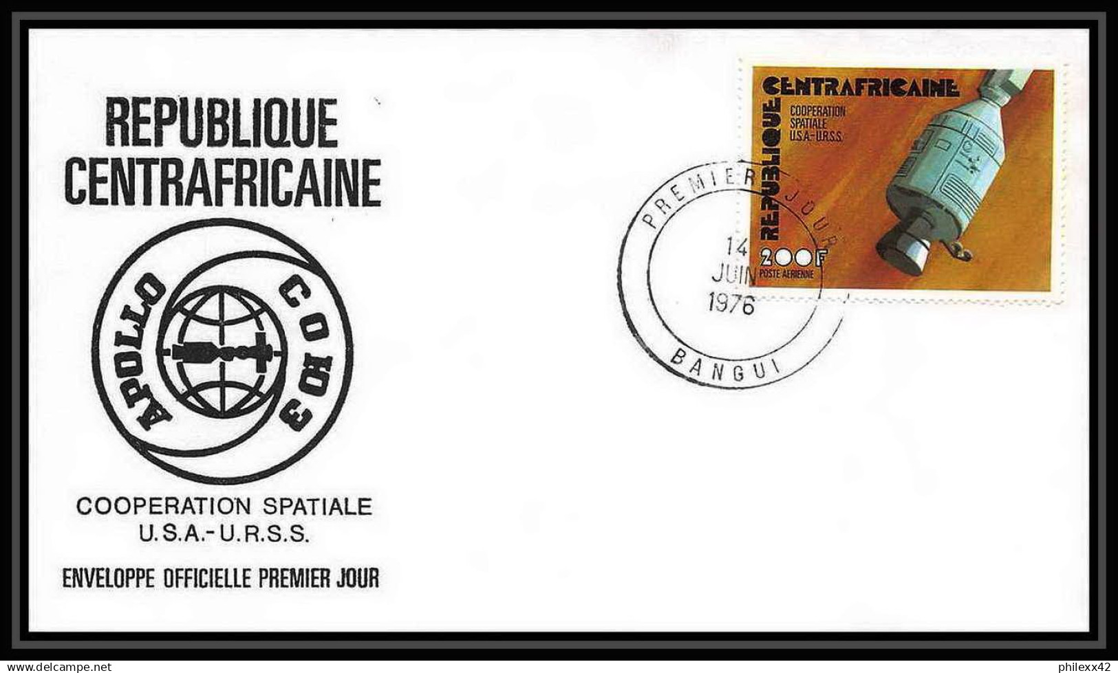 7829/ Espace (space) Lettre (cover) 14/6/1976 Cooperation Spatiale USA-URSS Apollo-Soyouz République Centrafricaine - Afrique