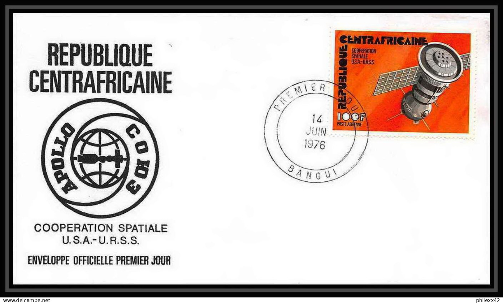 7829/ Espace (space) Lettre (cover) 14/6/1976 Cooperation Spatiale USA-URSS Apollo-Soyouz République Centrafricaine - Afrique