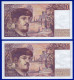 DEUX BILLETS PAIRE 20 FRANCS DEBUSSY NEUF TYPE 1980 ALPHABET L.024 N° 630214 ET 630213 DE 1989 - 20 F 1980-1997 ''Debussy''