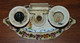 TRES ANCIENNE JOLIE PIECE CERAMIQUE 2 BOUGEOIRS + PORTE ALLUMETTE DECOR FLEUR BE - Chandeliers, Candelabras & Candleholders