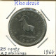 2½ Shillings/25 CENTS 1964 RHODESIA ZIMBABWE Coin #AP623.2.U - Zimbabwe