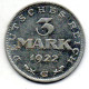 GERMANY - WEIMAR REPUBLIC, 3 Mark, Aluminum, Year 1922-G, KM # 29 - 3 Mark & 3 Reichsmark