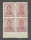 ARGENTINA 1921 Gral San Martin Military Sc 307A Mi256c MNH BLOCK Of 4 Watermark RA Sun - Usati