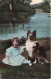 ENFANTS - Une Fille Au Bord Du Lac Avec Son Chien - Colorisé - Carte Postale Ancienne - Portraits