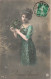 FANTAISIE - Femme - Bonne Année - Femme En Robe Verte - Feuilles - Carte Postale Ancienne - Vrouwen