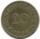20 FRANKEN 1954 SAARLAND GERMANY Coin #AD779.9.U.A - 20 Francos