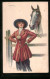 Künstler-AK A. Bertiglia: Junge Frau In Rotem Kostüm Vor Ihrem Pferd  - Bertiglia, A.