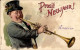 Lithographie Glückwunsch Neujahr, Musizierender Mann, Trompete - New Year