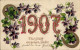 Gaufré CPA Glückwunsch Neujahr 1907, Veilchen, Glücksklee, Hufeisen - Año Nuevo