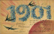 Lithographie Glückwunsch Neujahr, Jahreszahl 1901, Blumen, Schwalben - Neujahr