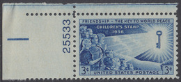 !a! USA Sc# 1085 MNH SINGLE From Upper Left Corner W/ Plate-# 25533 - Children's Issue - Unused Stamps