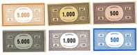 BILLET DE JEU -  MONOPOLY - LOT DE 6 - DIFFERENTES COULEURS - Specimen