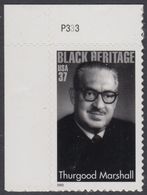 !a! USA Sc# 3746 MNH SINGLE From Upper Left Corner W/ Plate-# (UL/P333) W/ Crease - Thurgood Marshall - Ungebraucht