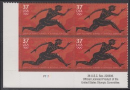 !a! USA Sc# 3863 MNH PLATEBLOCK (LL/P1111/a) - 2004 Summer Olympic Games Athens - Nuovi