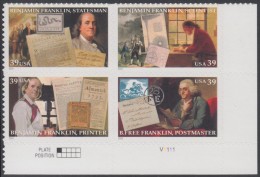 !a! USA Sc# 4021-4024 MNH PLATEBLOCK (LR/V1111) - Benjamin Franklin - Neufs