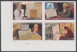 !a! USA Sc# 4021-4024 MNH PLATEBLOCK (LL/V1111) - Benjamin Franklin - Nuovi