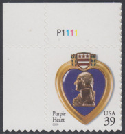 !a! USA Sc# 4032 MNH SINGLE From Upper Left Corner W/ Plate-# (UL/P1111) - Purple Heart - Nuovi