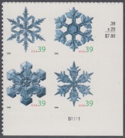 !a! USA Sc# 4101-4104 MNH PLATEBLOCK (LR/S1111/a) - Snowflakes - Nuovi