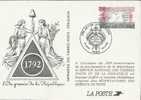 Carte 1er Jour 1992** Spéciale Bureaux De Poste Pour Bicentenaire République Le 26.09.1992 - Official Stationery