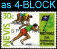 NEVIS 1982, Scouting Running 30c, Ovpt.SPECIMEN 4-BLOCK   [muestra,Muster,spécimen,saggio] - St.Kitts And Nevis ( 1983-...)