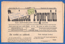 Rumänien; Wrapper 1922; Michel 252; Zeitung Dumineca Poporului Nr 33; 8 Seiten; Romania - Covers & Documents