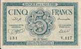 - ALGERIE - BILLETS - CINQ FRANCS - 16 - 11 - 1942 - N° 431 - V .117 - - Algerije