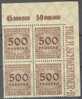 1923 500 Tsd Eckoberrandviererblock Mi 313A P OR Platte A / Sc 280 / YT 294 Posfrisch/neuf Sans Charniere/MNH - Autres & Non Classés