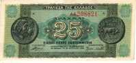 GREECE  25 DRAHMAI  GREEN ANCIENT COIN FRONT &  MOTIF BACK  DATED 10-?-1944  P? AUNC READ DESCRIPTION !!! - Griechenland