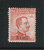 SIMI - Egeo - Possedimenti Italiani - 1917-22 - Valore Nuovo Con T.l. Da 20 C .soprastampato - In Buone Condizioni. - Egée (Simi)