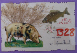 CARTE 1er Avril Découpis Cochon (porc), Poisson, Collage Graminées SUPERBE - Pigs