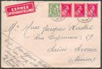 1Fr Léopold III Col  Ouvert (bande De 3) + 35 Cent. Lion Sceau De L'Etat, Obl. Sc BRAINE-le-COMTE S/L. Exprès Du 7-X-194 - 1934-1935 Leopold III