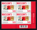 Canada MNH Scott #2104 Lower Right Plate Block 50c MacLean´s Magazine 100th Anniversary - With UPC Barcode - Plate Number & Inscriptions