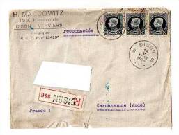 Enveloppe H MARCOWITZ Vers Carcassonne 1925 Recommandé DISON VERVIERS Vieux Timbres V° Stick Club Du Monde - Covers & Documents