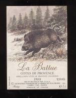 Etiquette De Vin Côtes De Provence - La Battue - Ilustrat. Bérillet -Thème  Sanglier    Illustrateur  F. Bérille 1984 - Jacht