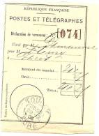 REF LPU11 - FRANCE - TALON DE DECLARATION DE VERSEMENT OBLITERE A TOURNY 29/12/1905 - Altri & Non Classificati