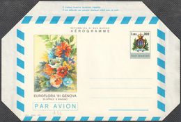 SAN MARINO - AEROGRAMMA EUROFLORA 25 APRILE - 3 MAGGIO 1981 L. 300 - 1981 - CATALOGO FILAGRANO A11 - NUOVO ** - Interi Postali