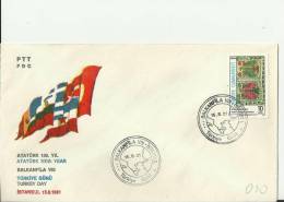 TURKEY 1981 – FDC 8TH BALKANFILA -100 YEARS ATATURK BIRTH – TURKEY DAY W 1 ST OF 1 LIRA ISTAMBUL  AUG 15 RE.TU170 - Cartas & Documentos