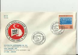 TURKEY 1981 – FDC 100 YEARS ATATURK BIRTH – ACCEPTANCE OF LATIN ALPHABET 1928 W 1 ST OF 20 LS – ANKAR0 LS – ANKARA AUG 5 - Cartas & Documentos