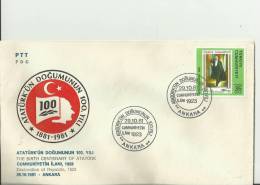TURKEY 1981 – FDC 100 YEARS ATATURK BIRTH – DECLARATION OF REPUBLIC 1923  W 1 ST OF 35 LS – ANKARA OCT 29  REF172 - Cartas & Documentos