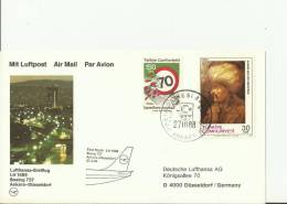 TURKEY 1988 -FDC CARD  FIRST FLIGHT LUFTHANSA LH 1589- B 737 BOEING ANKARA-DUSSELDORF ADDRESSED W 2 STS OF 30-150 LS ANK - Cartas & Documentos
