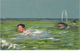 Donadini Jr. Artist Signed Swimming Humor, Whale Fish Monster, 1900s/10 Vintage Postcard - Donadini, Antonio