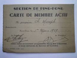 SAINT-OMER  :  Section De  PING-PONG  -  Carte De Membre Actif  1939 - Tennis De Table