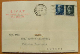 CARTOLINA  PUBBLICITARIA SIVAT MILANO  VIAGGIATA X OMEGNA (14) 16-5-1945 SERIE IMPERIALE CENT. 35 + 15 - Marcofilie