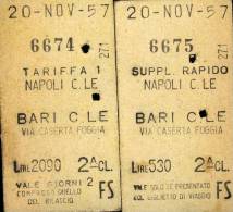 ANNO  1957  BARI   NAPOLI   FS    FERROVIE  DELLO STATO  TRENO LOTTO  2   BIGLIETTI CARTONATI DOPPI - Europa