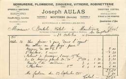 FACTURE LETTRE : MOUTIERS . JOSEPH AULAS . SERRURERIE PLOMBERIE ZINGUERIE VITRERIE . 1915. - Drogisterij & Parfum