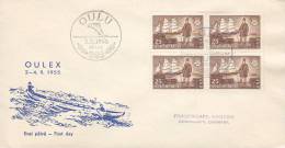 Finland Ersttag Brief FDC Cover 1955 Stadt Oulu (Uleåborg) Segelschiff "Ilma" In 4-Block !! - FDC