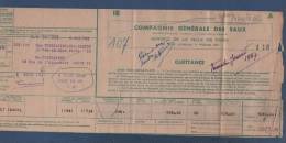 QUITTANCE D´ABONNEMENT COMPAGNIE GENERALE DES EAUX RUE D'ANJOU PARIS 8e - 1946 - Electricity & Gas