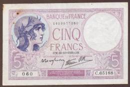 FRANCE 5 FRANCS 26.10.1939 ALPHA C.65188 - 5 F 1917-1940 ''Violet''